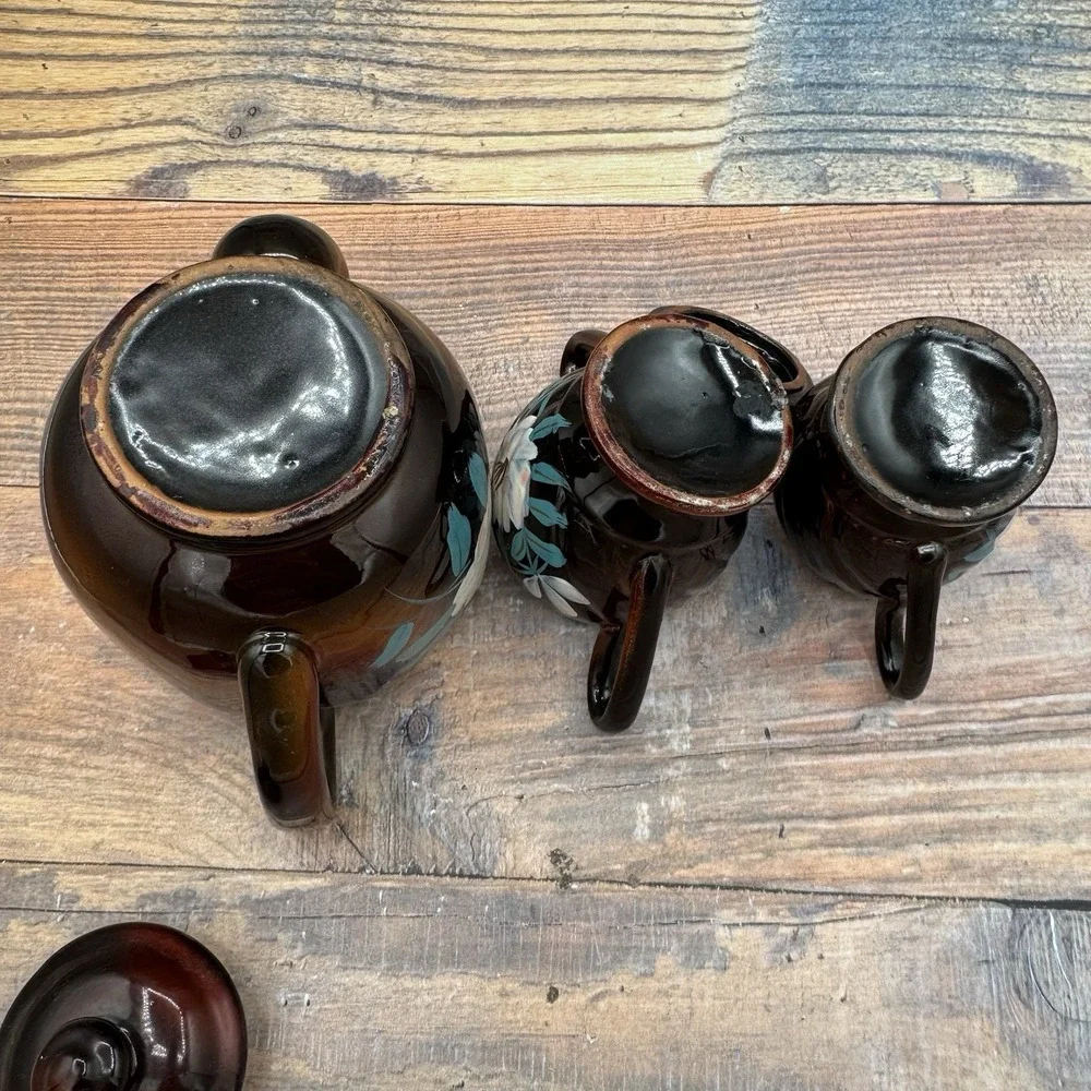 Vintage Japanese Moriage Redware Tea Set Floral‎ 1940s Pottery Pot Creamer Sugar